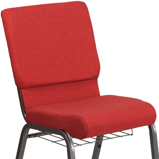 HERCULES Series 18.5''W Church Chair in Red Fabric with Cup Book Rack - Silver Vein Frame