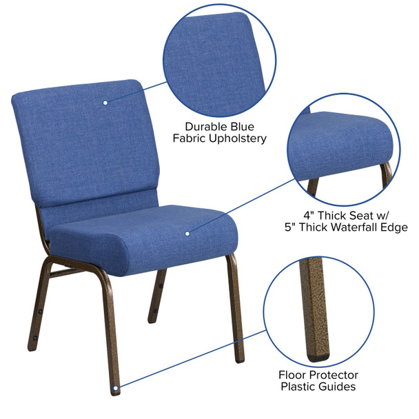 HERCULES Series 21''W Stacking Church Chair in Blue Fabric - Gold Vein Frame