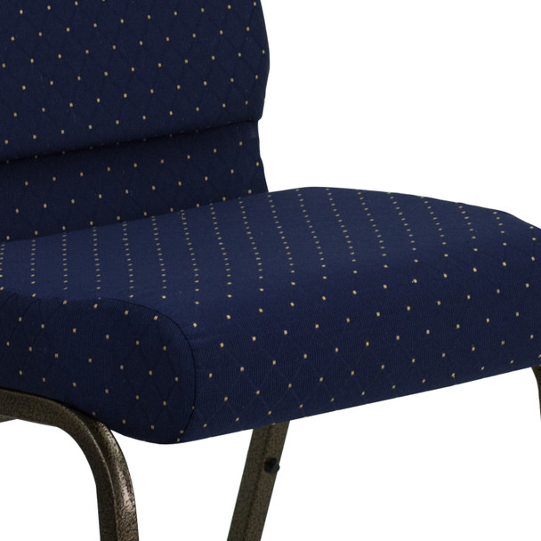 HERCULES Series 21''W Stacking Church Chair in Navy Blue Dot Patterned Fabric - Gold Vein Frame