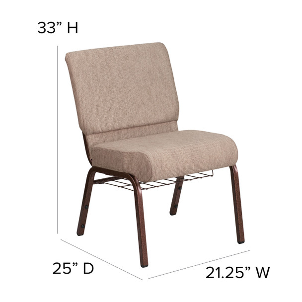 HERCULES Series 21''W Church Chair in Beige Fabric with Book Rack - Copper Vein Frame