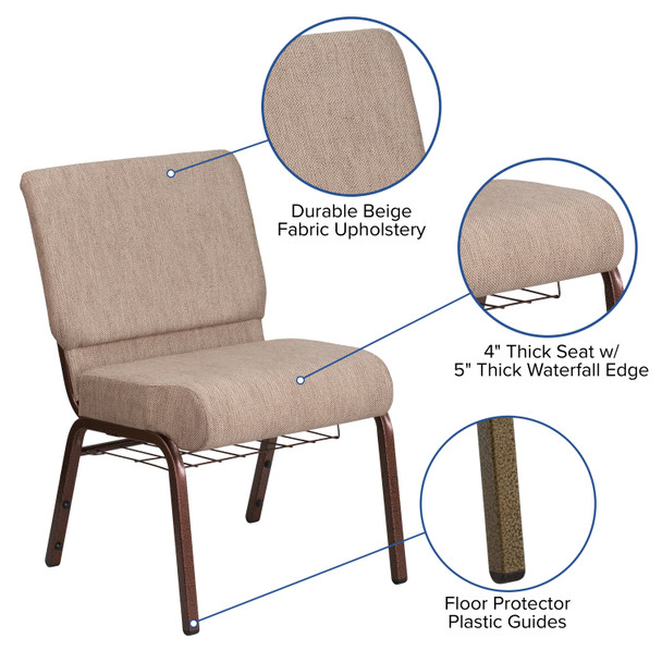 HERCULES Series 21''W Church Chair in Beige Fabric with Book Rack - Copper Vein Frame