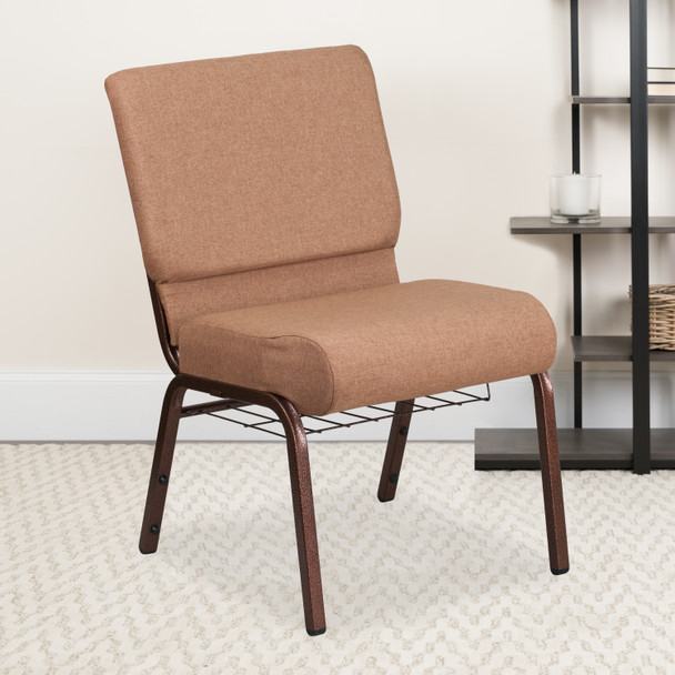 HERCULES Series 21''W Church Chair in Caramel Fabric with Cup Book Rack - Copper Vein Frame