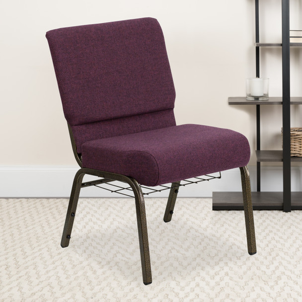 HERCULES Series 21''W Church Chair in Plum Fabric with Cup Book Rack - Gold Vein Frame