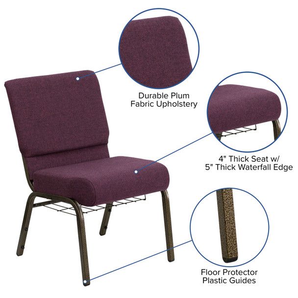 HERCULES Series 21''W Church Chair in Plum Fabric with Cup Book Rack - Gold Vein Frame