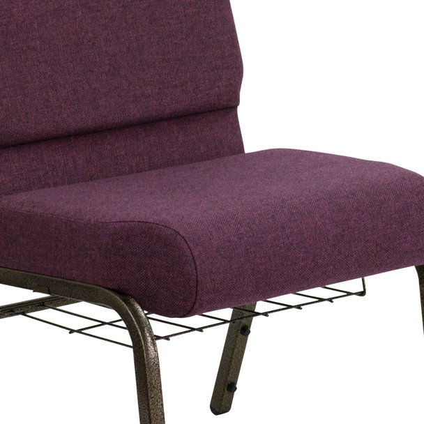 HERCULES Series 21''W Church Chair in Plum Fabric with Cup Book Rack - Gold Vein Frame