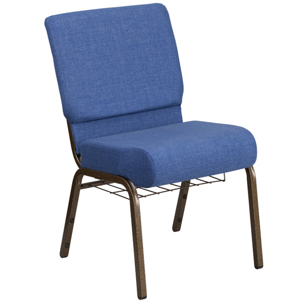 HERCULES Series 21''W Church Chair in Blue Fabric with Cup Book Rack - Gold Vein Frame