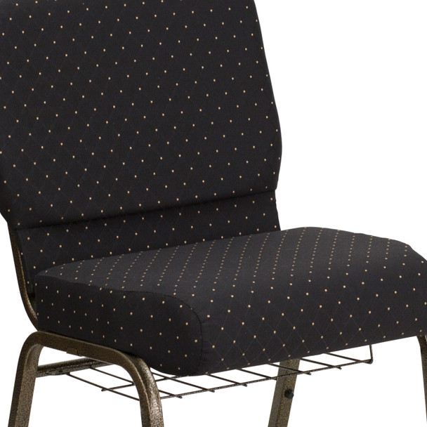 HERCULES Series 21''W Church Chair in Black Dot Patterned Fabric with Cup Book Rack - Gold Vein Frame