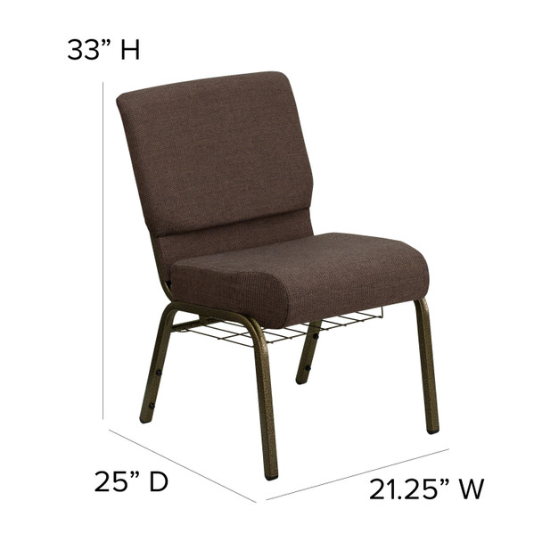 HERCULES Series 21''W Church Chair in Brown Fabric with Cup Book Rack - Gold Vein Frame