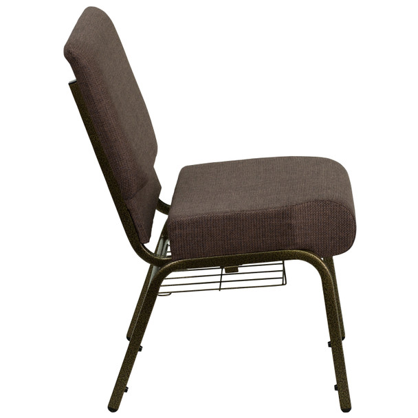 HERCULES Series 21''W Church Chair in Brown Fabric with Cup Book Rack - Gold Vein Frame