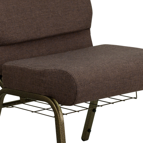 HERCULES Series 21''W Church Chair in Brown Fabric with Cup Book Rack - Gold Vein Frame