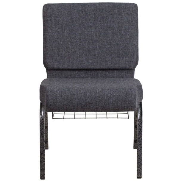 HERCULES Series 21''W Church Chair in Dark Gray Fabric with Book Rack - Silver Vein Frame