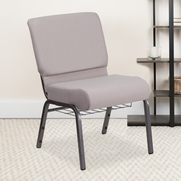 HERCULES Series 21''W Church Chair in Gray Dot Fabric with Book Rack - Silver Vein Frame