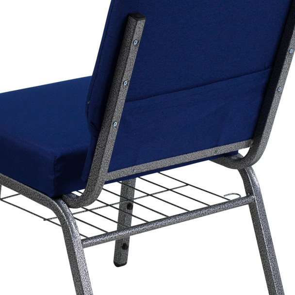 HERCULES Series 21''W Church Chair in Navy Blue Fabric with Cup Book Rack - Silver Vein Frame