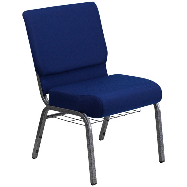 HERCULES Series 21''W Church Chair in Navy Blue Fabric with Cup Book Rack - Silver Vein Frame