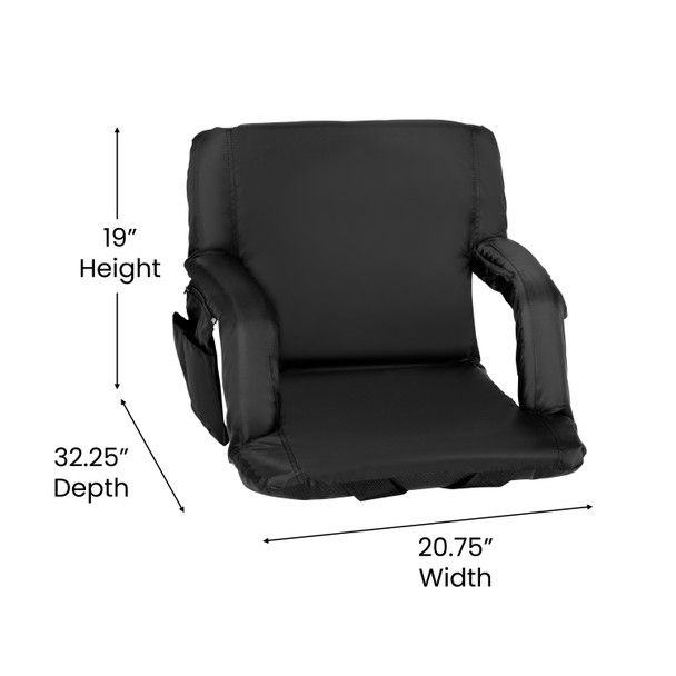 Malta Black Portable Lightweight Reclining Stadium Chair with Armrests, Padded Back & Seat with Dual Storage Pockets and Backpack Straps