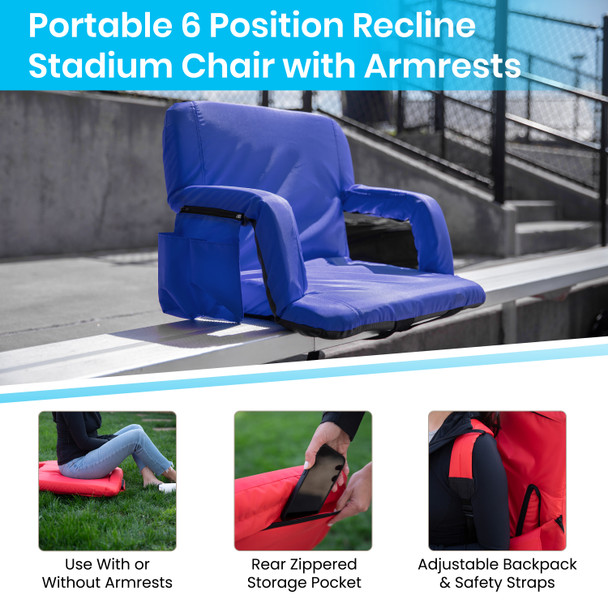 Malta Blue Portable Lightweight Reclining Stadium Chair with Armrests, Padded Back & Seat with Dual Storage Pockets and Backpack Straps
