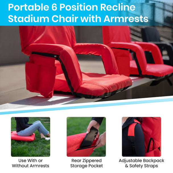 Malta Red Portable Lightweight Reclining Stadium Chair with Armrests, Padded Back & Seat with Dual Storage Pockets and Backpack Straps