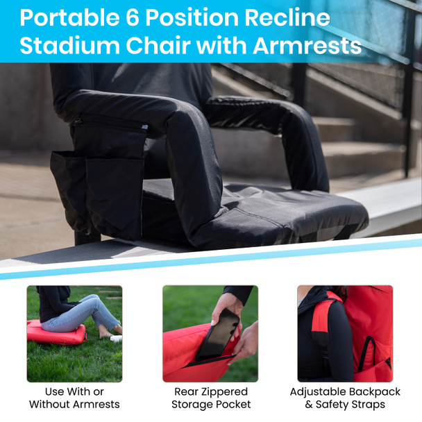 Malta Set of 2 Black Portable Lightweight Reclining Stadium Chairs with Armrests, Padded Back & Seat - Storage Pockets & Backpack Straps