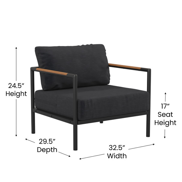 Lea Indoor/Outdoor Patio Chair with Cushions - Modern Aluminum Framed Chair with Teak Accented Arms, Black with Charcoal Cushions
