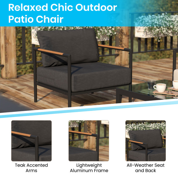 Lea Indoor/Outdoor Patio Chair with Cushions - Modern Aluminum Framed Chair with Teak Accented Arms, Black with Charcoal Cushions