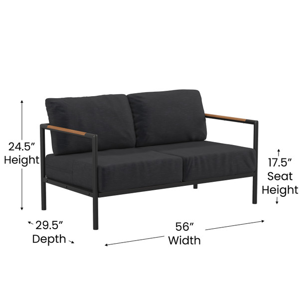 Lea Indoor/Outdoor Loveseat with Cushions-Modern Aluminum Framed Loveseat with Teak Accent Arms, Black with Charcoal Cushions