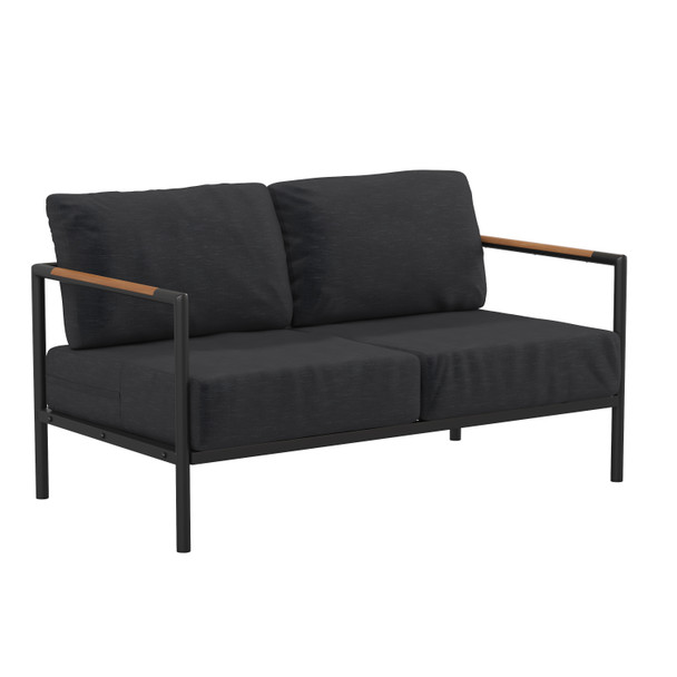 Lea Indoor/Outdoor Loveseat with Cushions-Modern Aluminum Framed Loveseat with Teak Accent Arms, Black with Charcoal Cushions