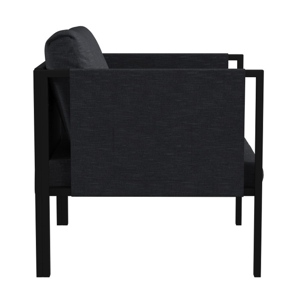 Lea Indoor/Outdoor Patio Chair with Cushions - Modern Steel Framed Chair with Storage Pockets, Black with Charcoal Cushions