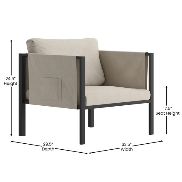 Lea Indoor/Outdoor Patio Chair with Cushions - Modern Steel Framed Chair with Storage Pockets, Black with Beige Cushions