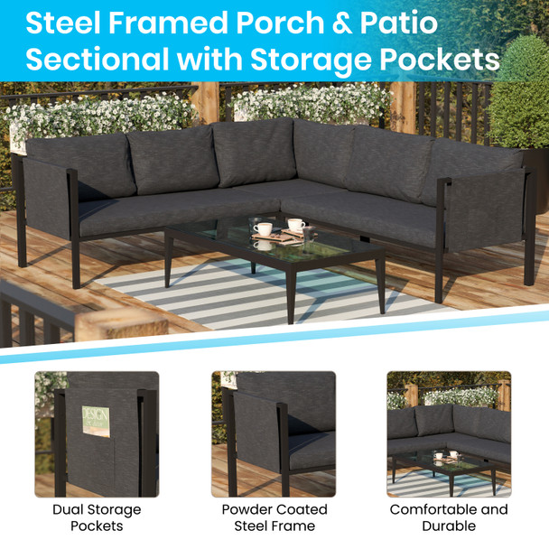 Lea Indoor/Outdoor Sectional with Cushions - Modern Steel Framed Chair with Dual Storage Pockets, Black with Charcoal Cushions