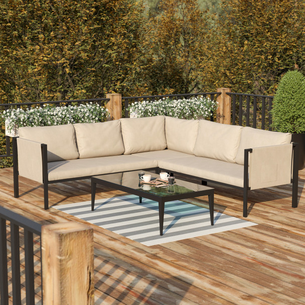 Lea Indoor/Outdoor Sectional with Cushions - Modern Steel Framed Chair with Dual Storage Pockets, Black with Beige Cushions