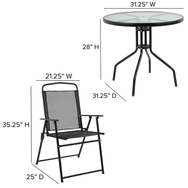 Nantucket 6 Piece Black Patio Garden Set with Umbrella Table and Set of 4 Folding Chairs