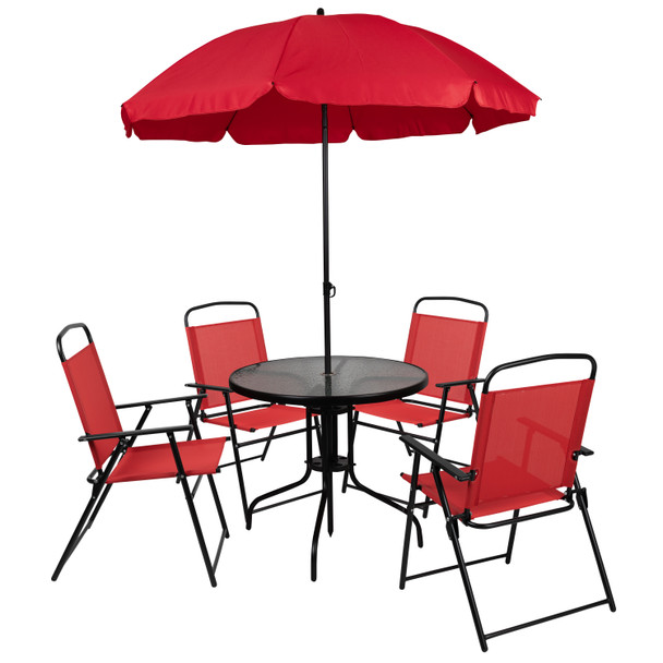 Nantucket 6 Piece Red Patio Garden Set with Umbrella Table and Set of 4 Folding Chairs