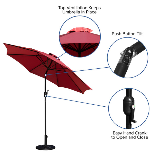 Kona Red 9 FT Round Umbrella with Crank and Tilt Function and Standing Umbrella Base