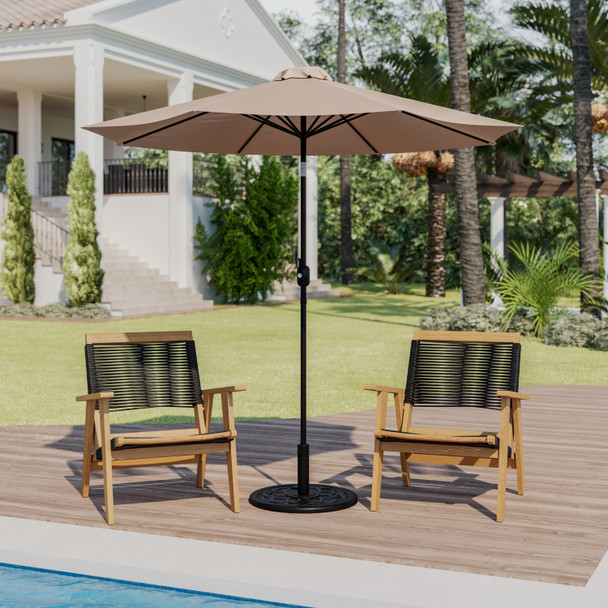 Kona Tan 9 FT Round Umbrella with Crank and Tilt Function and Standing Umbrella Base