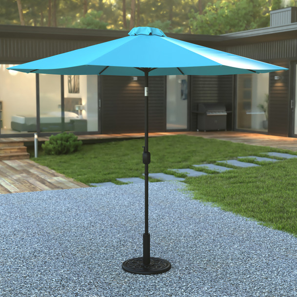 Sunny Teal 9 FT Round Umbrella with Crank and Tilt Function and Standing Umbrella Base