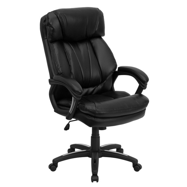 Iris High Back Black LeatherSoft Executive Swivel Ergonomic Office Chair with Plush Headrest, Extensive Padding and Arms