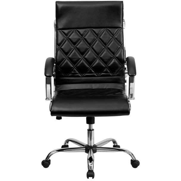 Merideth High Back Designer Quilted Black LeatherSoft Executive Swivel Office Chair with Chrome Base and Arms