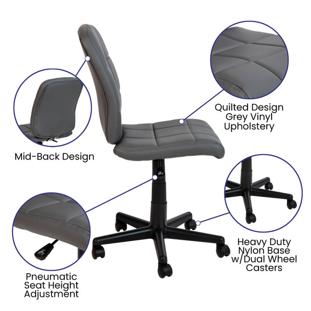 Clayton Mid-Back Gray Quilted Vinyl Swivel Task Office Chair