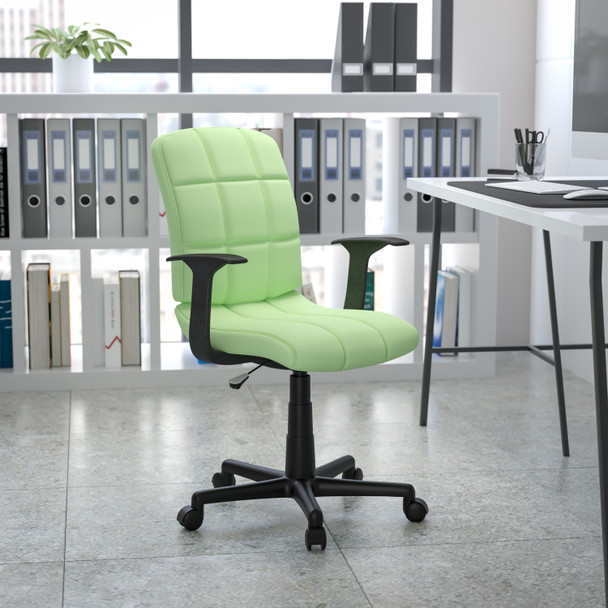 Clayton Mid-Back Green Quilted Vinyl Swivel Task Office Chair with Arms