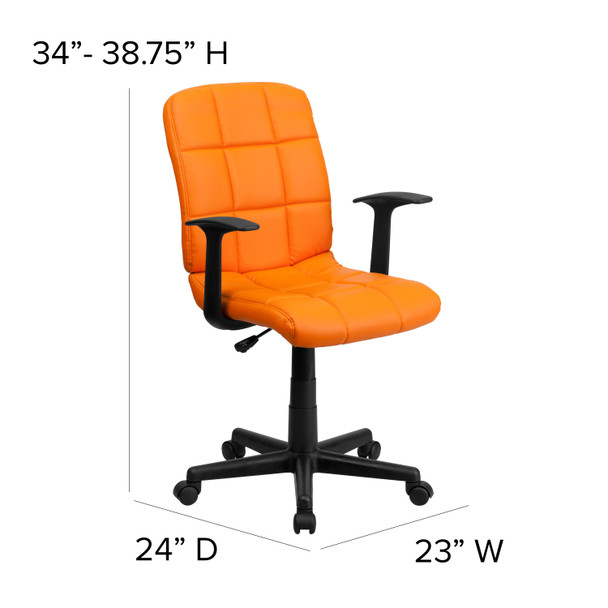 Clayton Mid-Back Orange Quilted Vinyl Swivel Task Office Chair with Arms
