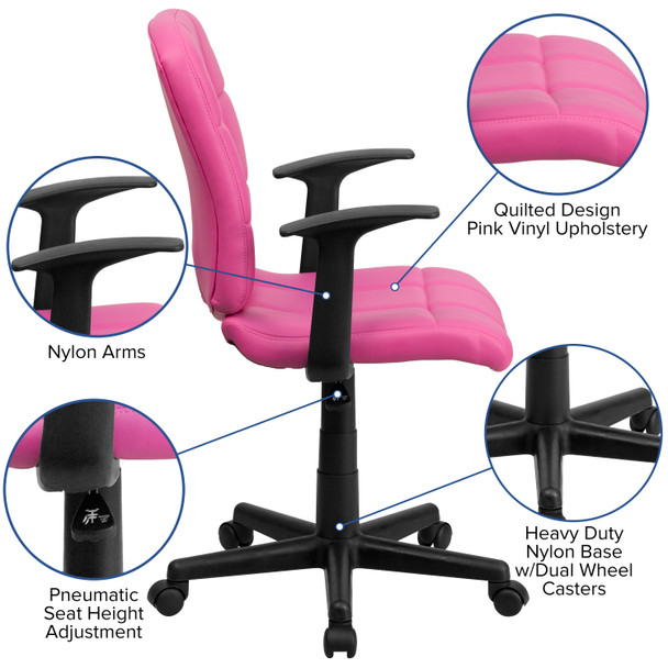 Clayton Mid-Back Pink Quilted Vinyl Swivel Task Office Chair with Arms