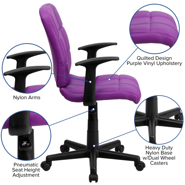 Clayton Mid-Back Purple Quilted Vinyl Swivel Task Office Chair with Arms