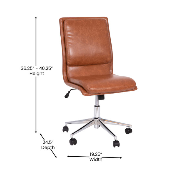 Madigan Mid-Back Armless Swivel Task Office Chair with LeatherSoft and Adjustable Chrome Base, Cognac