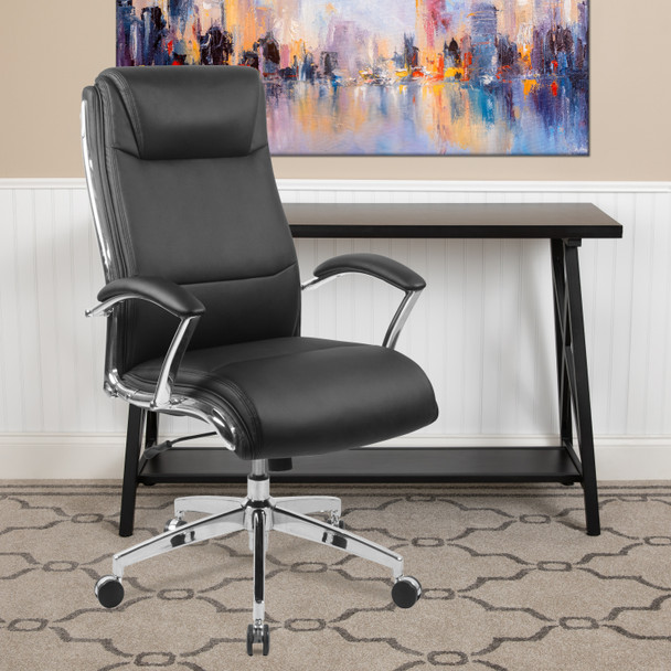 Rebecca High Back Designer Black LeatherSoft Smooth Upholstered Executive Swivel Office Chair with Chrome Base and Arms