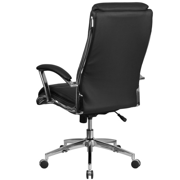 Rebecca High Back Designer Black LeatherSoft Smooth Upholstered Executive Swivel Office Chair with Chrome Base and Arms