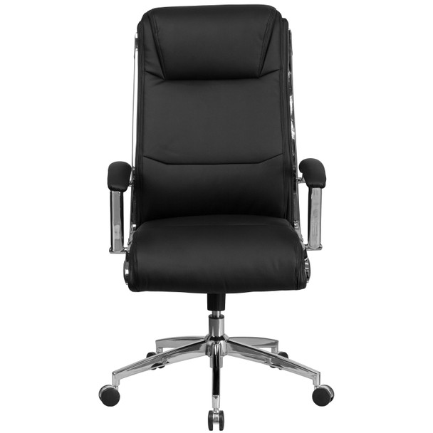 Rebecca High Back Designer Black LeatherSoft Smooth Upholstered Executive Swivel Office Chair with Chrome Base and Arms