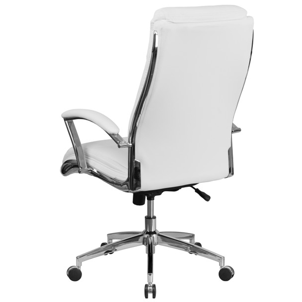 Rebecca High Back Designer White LeatherSoft Smooth Upholstered Executive Swivel Office Chair with Chrome Base and Arms