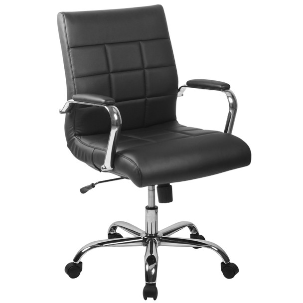 Vivian Mid-Back Black Vinyl Executive Swivel Office Chair with Chrome Base and Arms