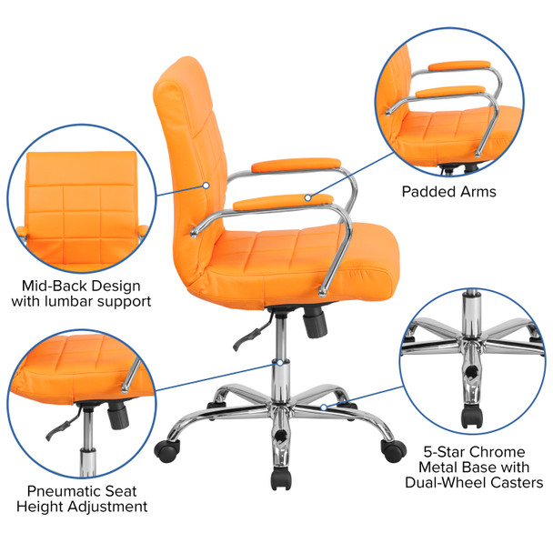 Vivian Mid-Back Orange Vinyl Executive Swivel Office Chair with Chrome Base and Arms