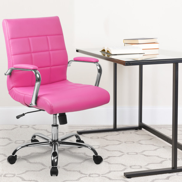 Vivian Mid-Back Pink Vinyl Executive Swivel Office Chair with Chrome Base and Arms